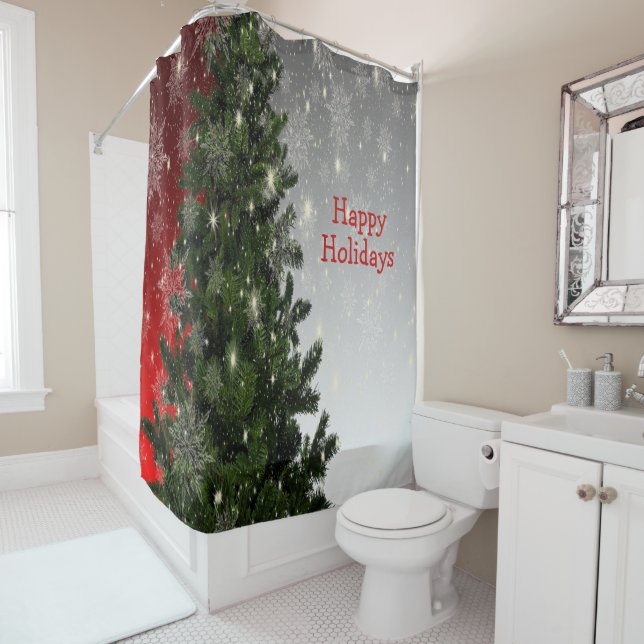 Christmas Party Green Tree Red Silver Snowflakes Shower Curtain (In Situ)