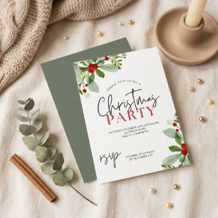 Christmas Party Greenery Red Berries Invitation