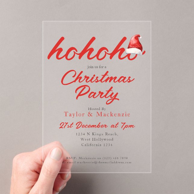Christmas Party Ho Ho Ho Santa Hat Acrylic Invitations (Insitu (Handheld))
