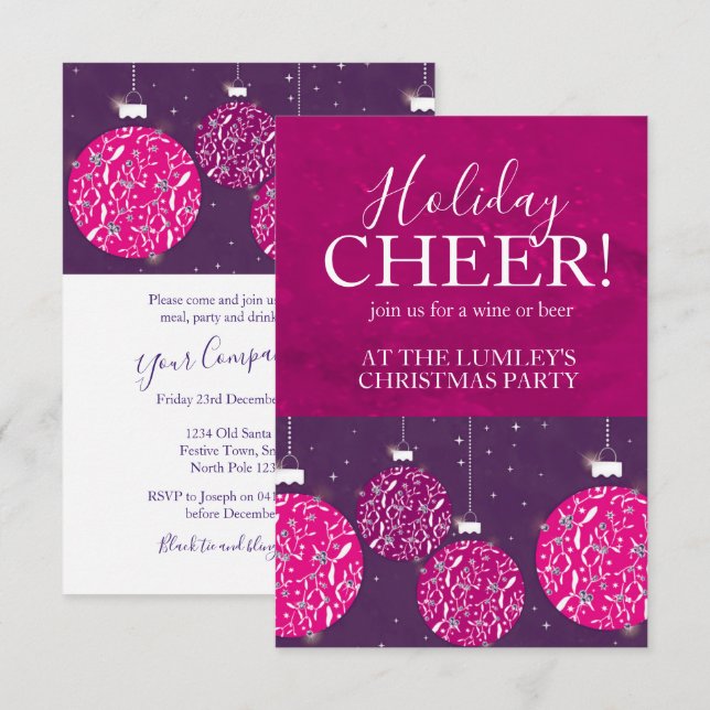 Christmas party holiday bauble pink invitations (Front/Back)
