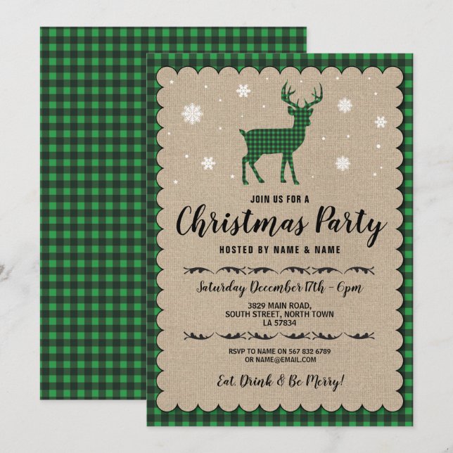 Christmas Party Holiday Deer Snowflake Green Check Invitation (Front/Back)