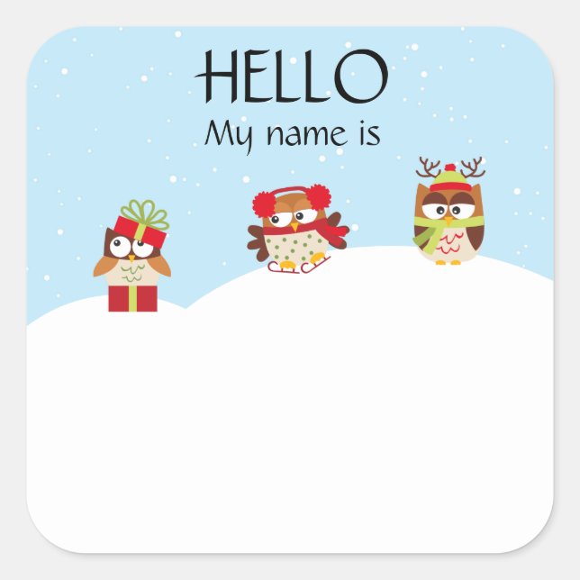 Christmas Party Holiday Name Tag Badge Owls (Front)