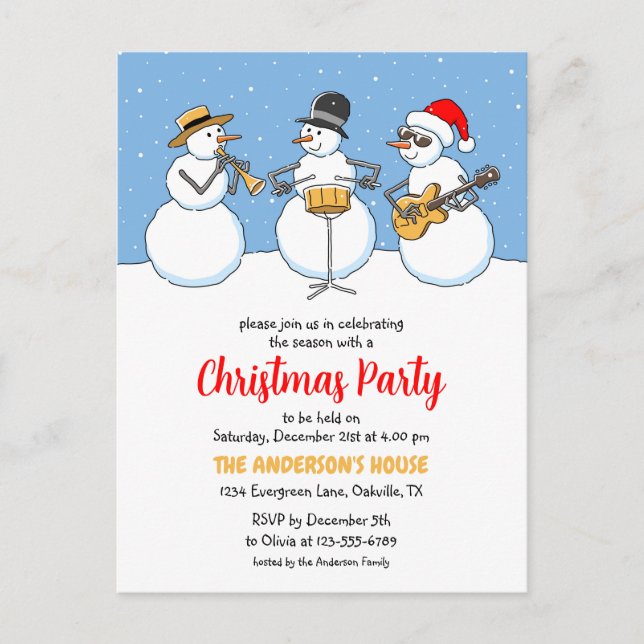 Christmas Party Holiday Season Snowmen Jazzband Invitation Postcard (Front)