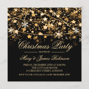 Christmas Party Holiday String Lights Gold Invitation