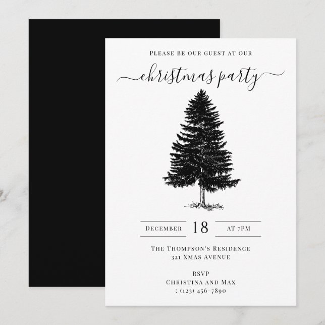 Christmas Party Holiday Vintage Black White Invitation (Front/Back)