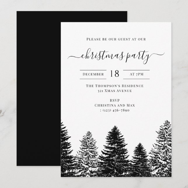 Christmas Party Holiday Vintage Black White Pines Invitation (Front/Back)