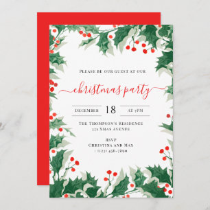 Christmas Party Holiday Watercolor Holly Berries Invitation