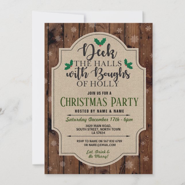 Christmas Party Holiday Wood Holly Burlap Snow Invitation (Front)