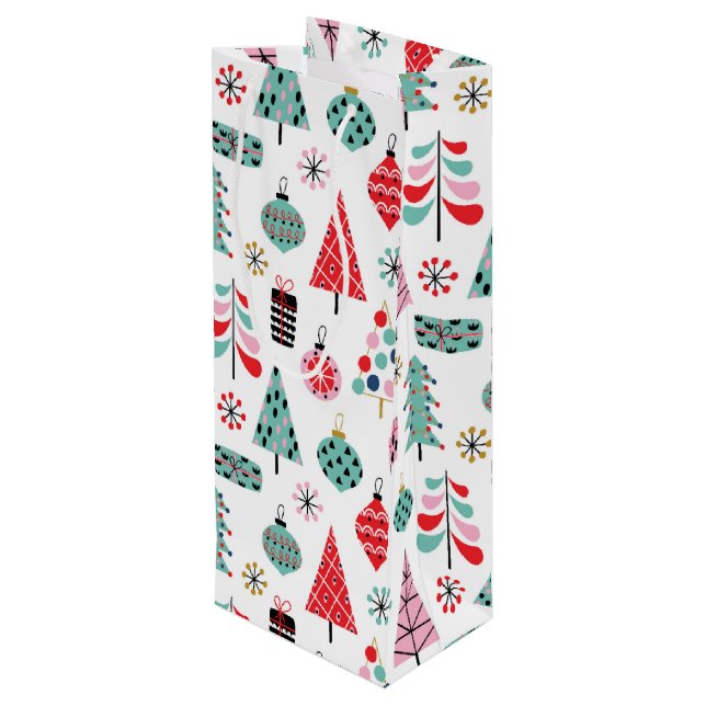 Christmas Party Hostess Gift. Holiday Tree Pattern Wine Gift Bag (Back Angled)