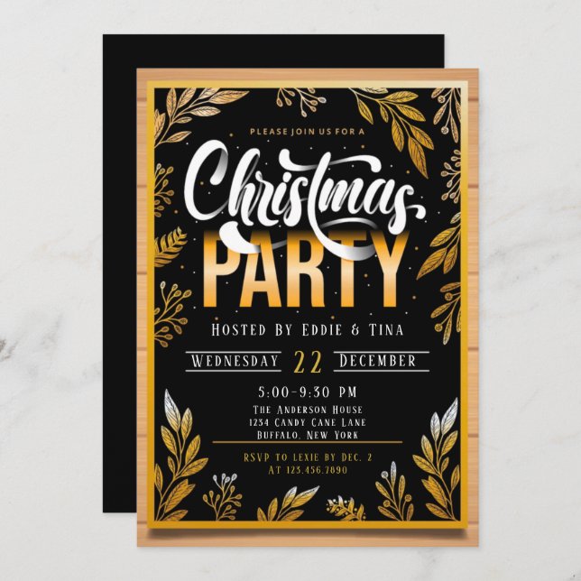 Christmas Party In Black and Gold Invitation (Front/Back)
