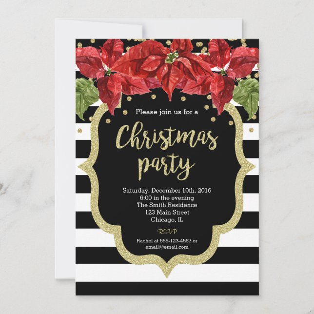 Christmas party invitation black white gold (Front)