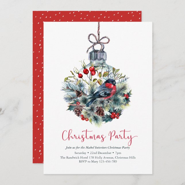 Christmas party Invitation | Bullfinch bird bauble (Front/Back)
