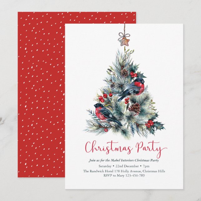 Christmas party Invitation | Bullfinch bird Tree (Front/Back)