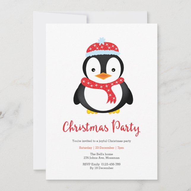 Christmas party Invitation | Cute Penguin (Front)