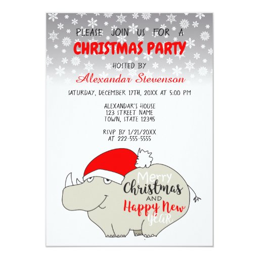 Image of Christmas Party Invitation | Cute Rhino Cartoon