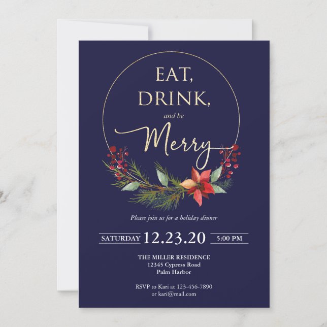 Christmas Party Invitation Eat Drink Be Merry (Front)