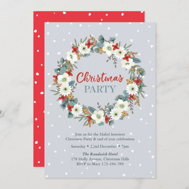 Christmas party Invitation | floral wreath blue (Front/Back)