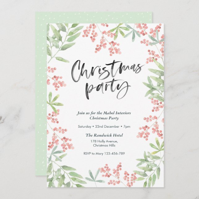 Christmas party Invitation | holly leaves (Front/Back)