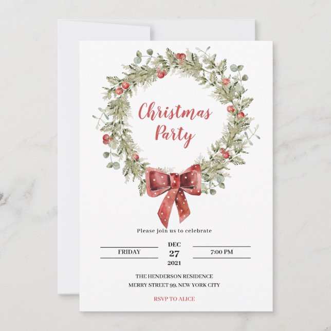Christmas Party Invitation Holly Wreath Ribbon (Front)