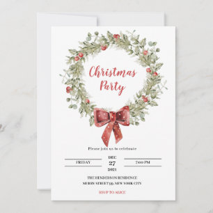 Christmas Party Invitation Holly Wreath Ribbon