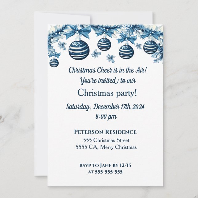 Christmas Party Invitation In Blue and White (Front)