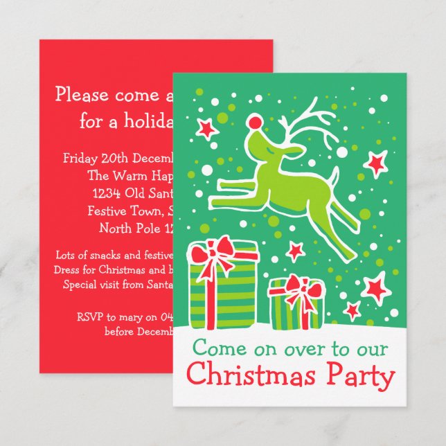 Christmas party invitation reindeer green red (Front/Back)