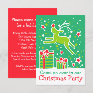 Christmas party invitation reindeer green red