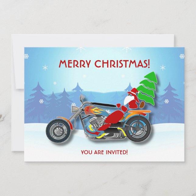 Christmas Party Invitation Santa Riding Chopper (Front)