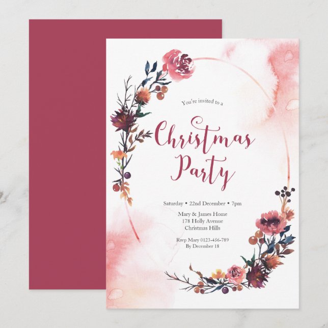 Christmas party Invitation | Winter floral wreath (Front/Back)