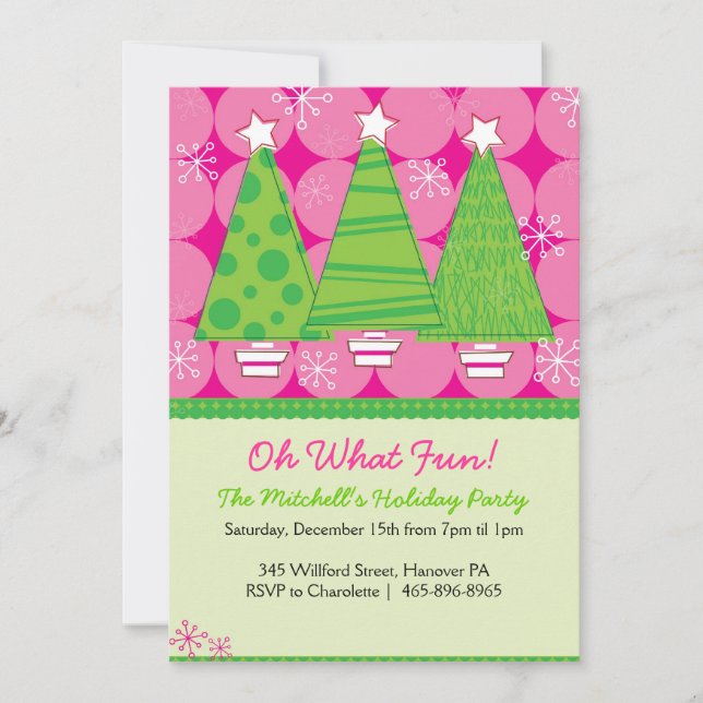 Christmas Party Invitations - Pink and Green Trees (Front)