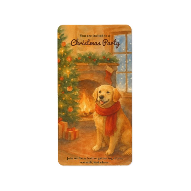 Christmas Party Invite · Cosy Dog Scene Label (Front)