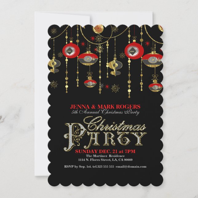Christmas Party Invite Gold & Red Art-Deco (Front)