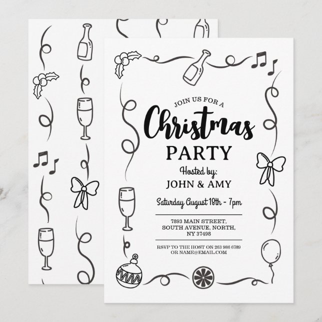 Christmas Party Invite Hand Drawn Monochrome  (Front/Back)