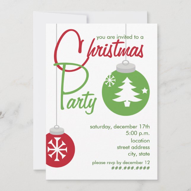 Christmas Party Invite - Red & Green Ornaments (Front)