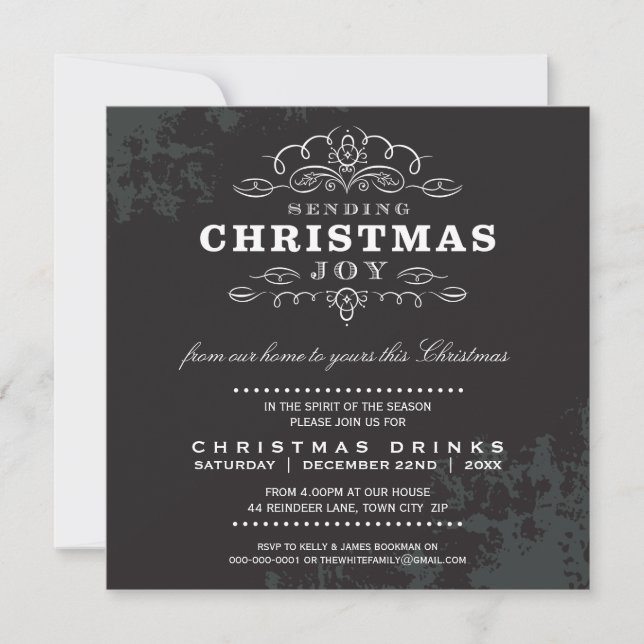 CHRISTMAS PARTY INVITE vintage look black white (Front)