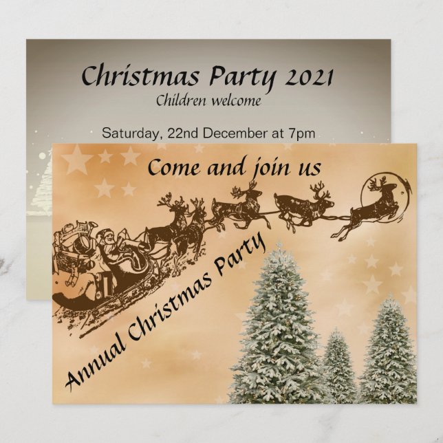 Christmas party invite with santa sleigh reindeer (Front/Back)