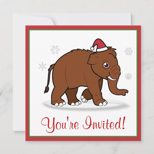 Christmas Party Invite Woolly Mammoth in Santa Hat (Front)