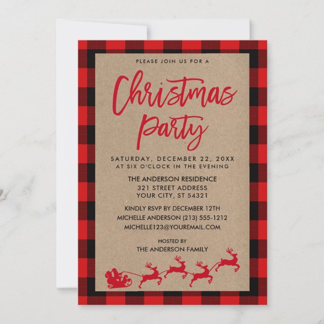 Christmas Party Kraft Red Tartan Invitation (Front)