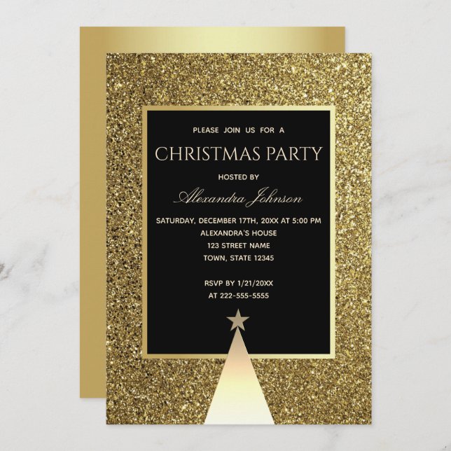 Christmas Party Luxury Black and Gold Glitter Invitation (Front/Back)