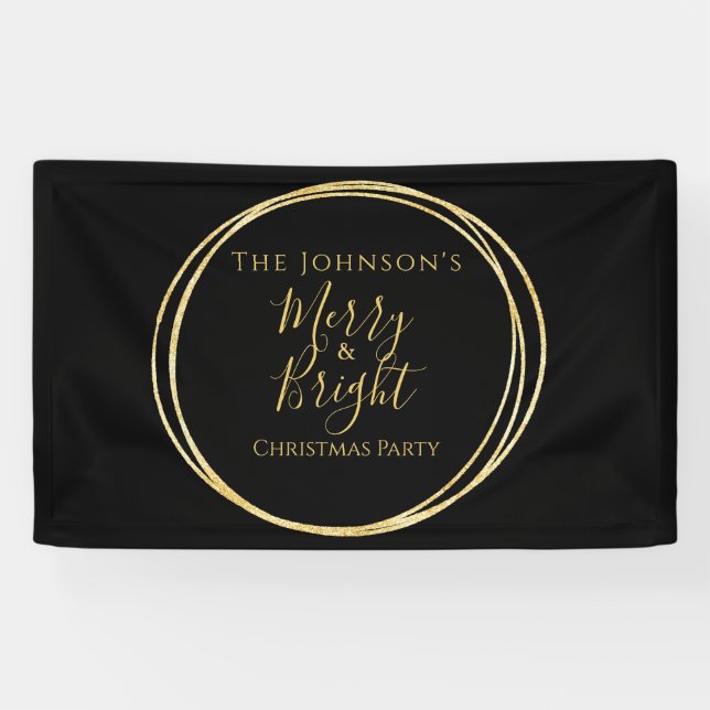 Christmas Party Merry and Bright Black Gold Banner (Horizontal)
