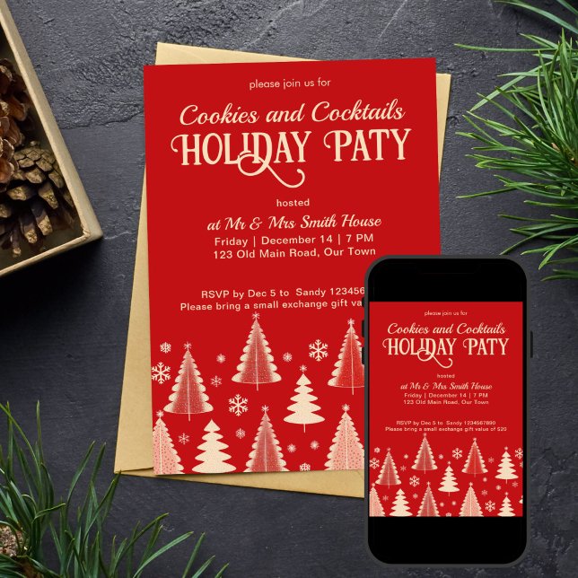 Christmas party midcentury retro red template (Christmas party midcentury retro red with beige trees editable template invitation digital download)