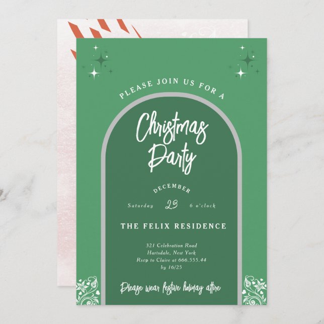Christmas Party Modern Arch in Green Invitation (Front/Back)
