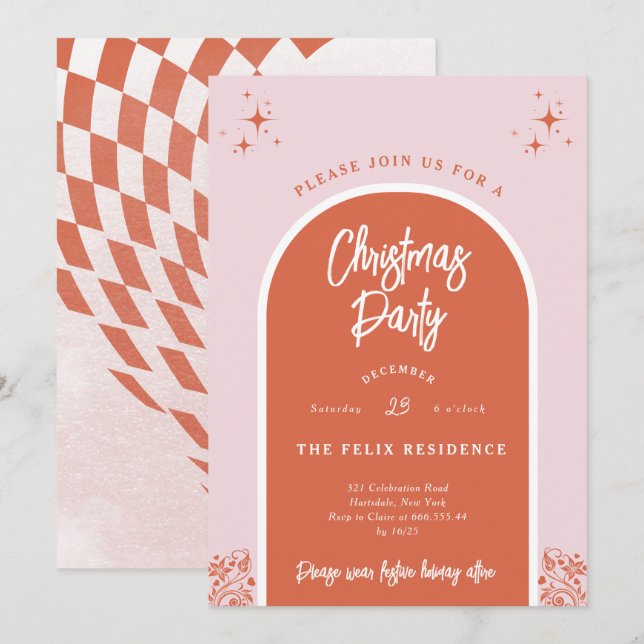 Christmas Party Modern Arch in Pink and Red Invitation (Front/Back)