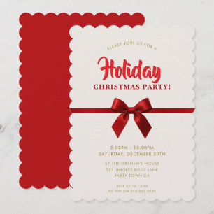 CHRISTMAS PARTY modern elegant red ribbon bow gold Holiday Card