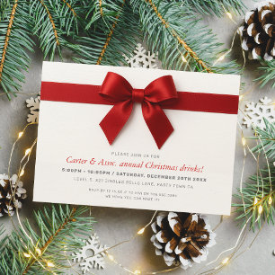 CHRISTMAS PARTY modern elegant red ribbon bow Holiday Card