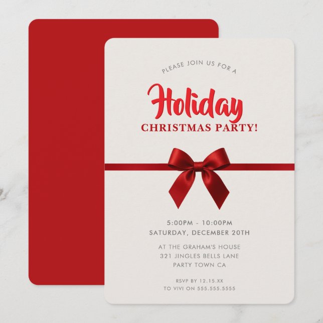 CHRISTMAS PARTY modern elegant red ribbon bow Holiday Card (Front/Back)