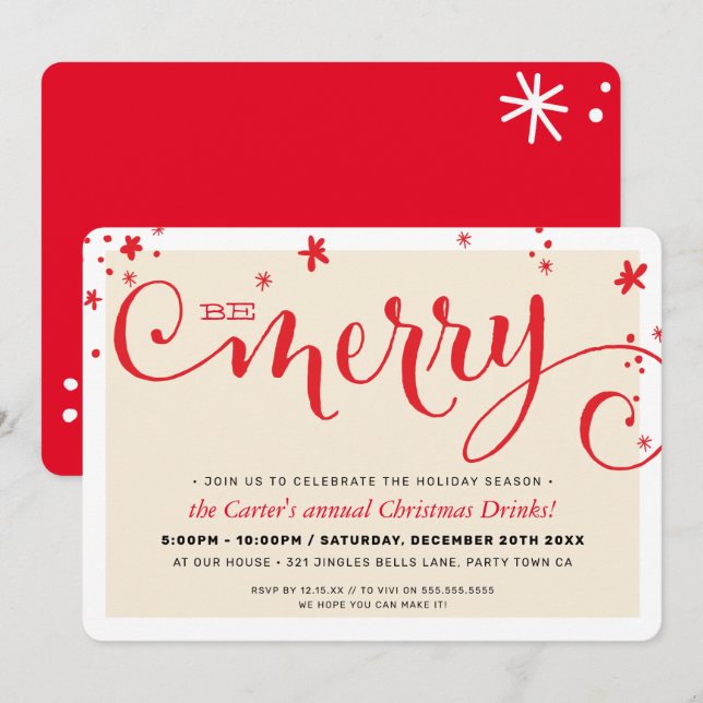 CHRISTMAS PARTY modern fun red typography BE MERRY Holiday Card (Front/Back)