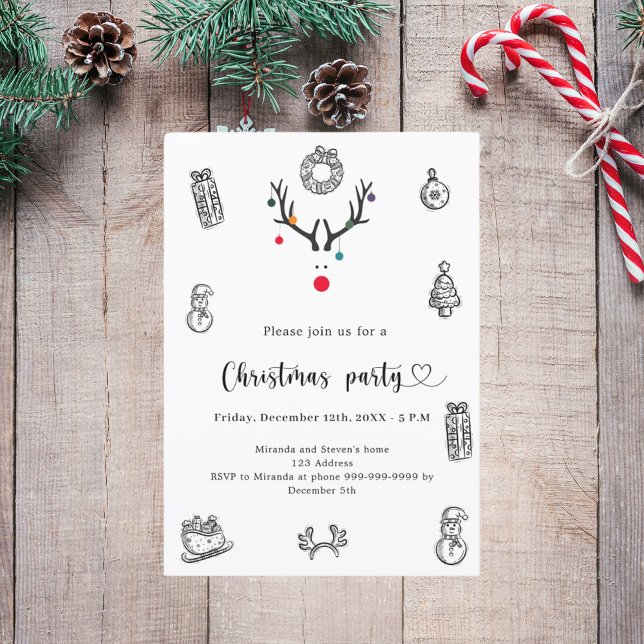 Christmas party modern funny reindeer doodles invitation (Creator Uploaded)