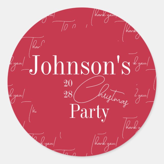 Christmas Party Modern Red Thank You Classic Round Sticker (Front)