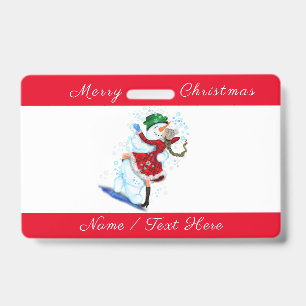 Christmas Party Name Badge Snowman and Girl Dance ID Badge